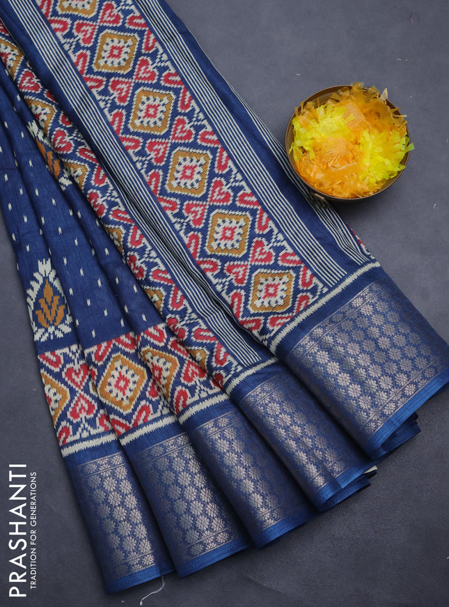 Semi dola saree peacock blue with allover prints and zari woven border