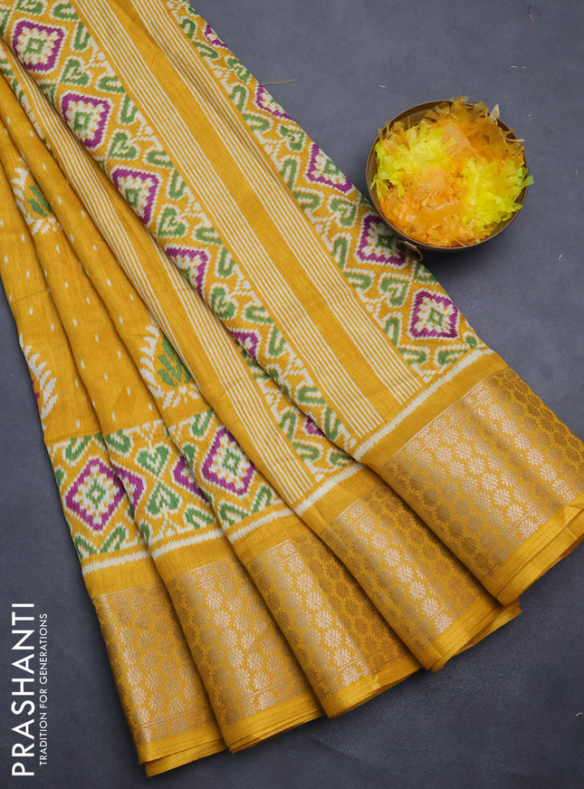 Semi dola saree mustard yellow with allover prints and zari woven border