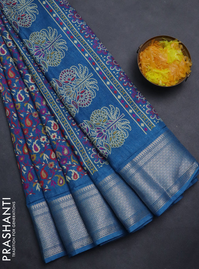 Semi dola saree blue shade with allover prints and zari woven border