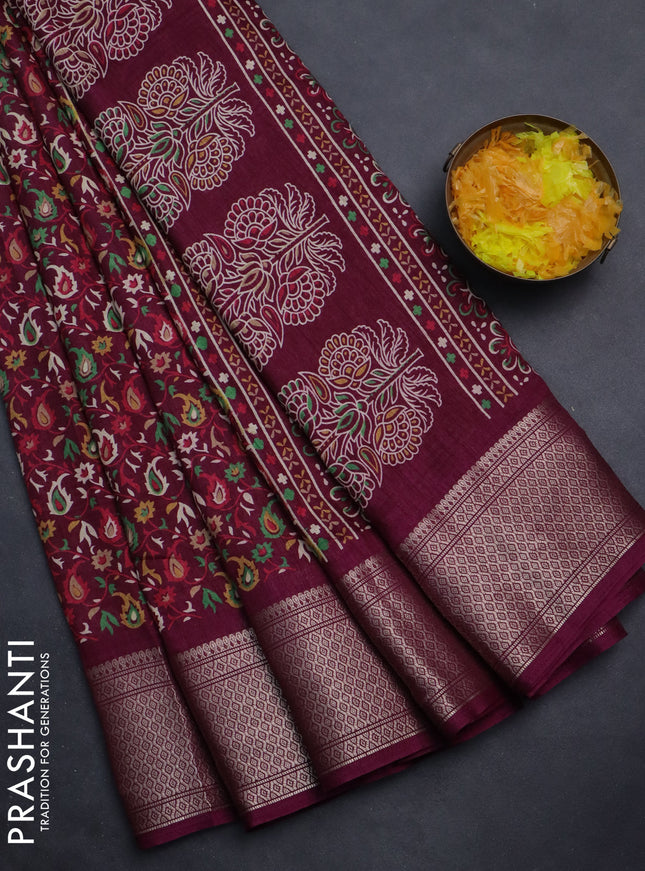 Semi dola saree wine shade with allover prints and zari woven border