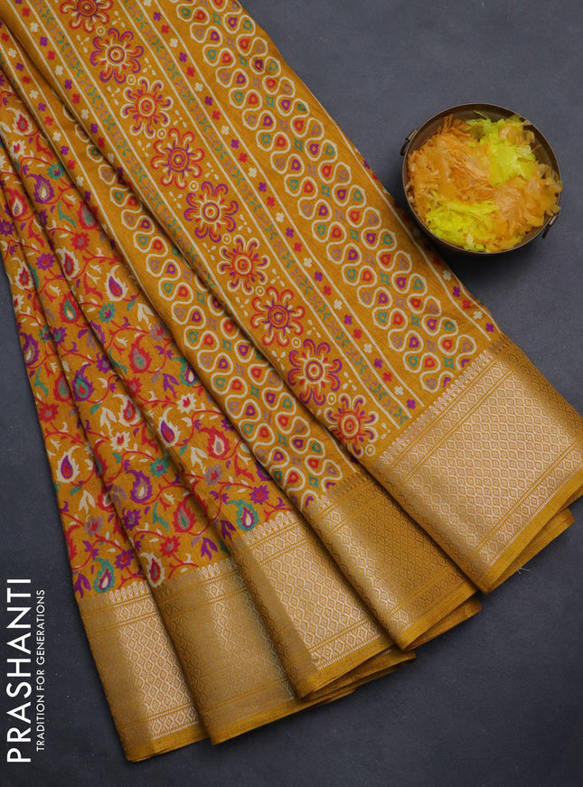 Semi dola saree mustard yellow with allover prints and zari woven border