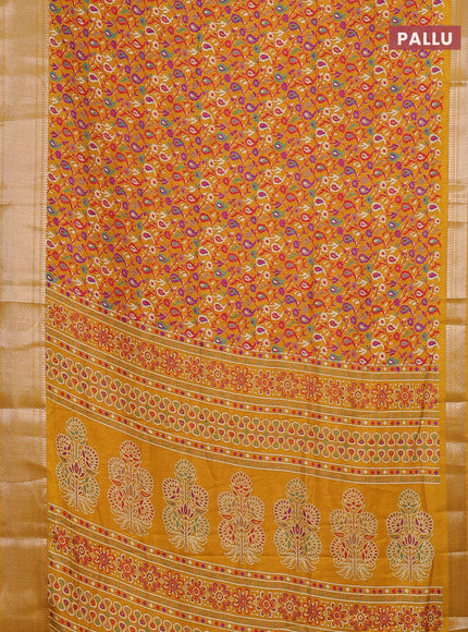 Semi dola saree mustard yellow with allover prints and zari woven border