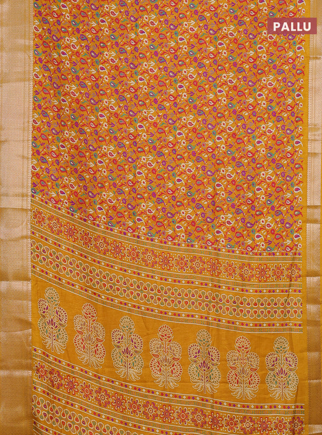 Semi dola saree mustard yellow with allover prints and zari woven border