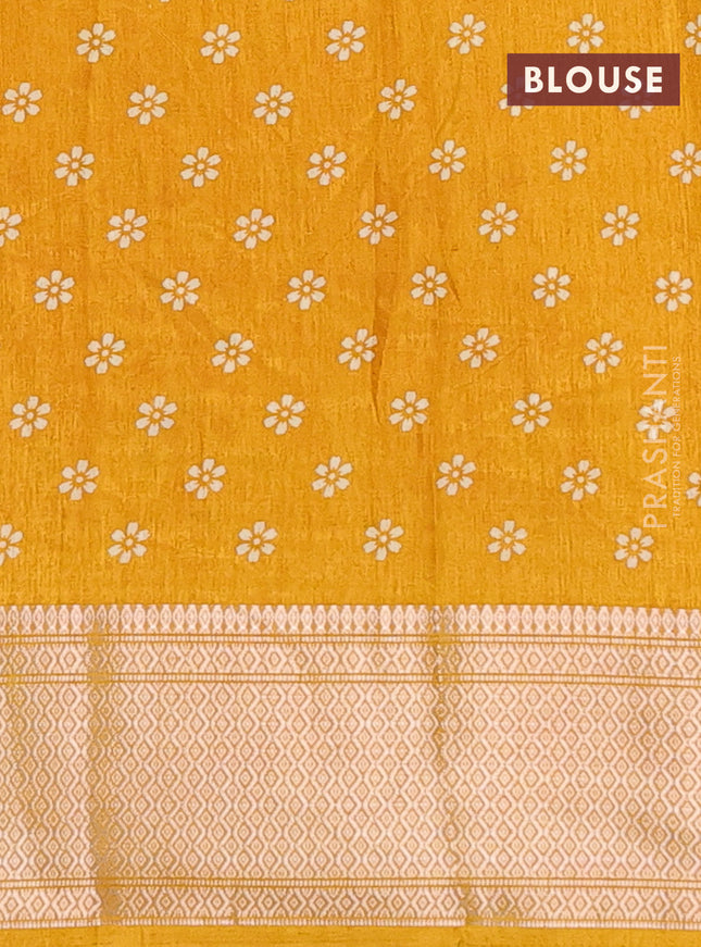Semi dola saree mustard yellow with allover prints and zari woven border