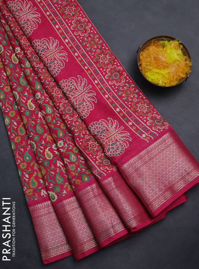 Semi dola saree pink with allover prints and zari woven border