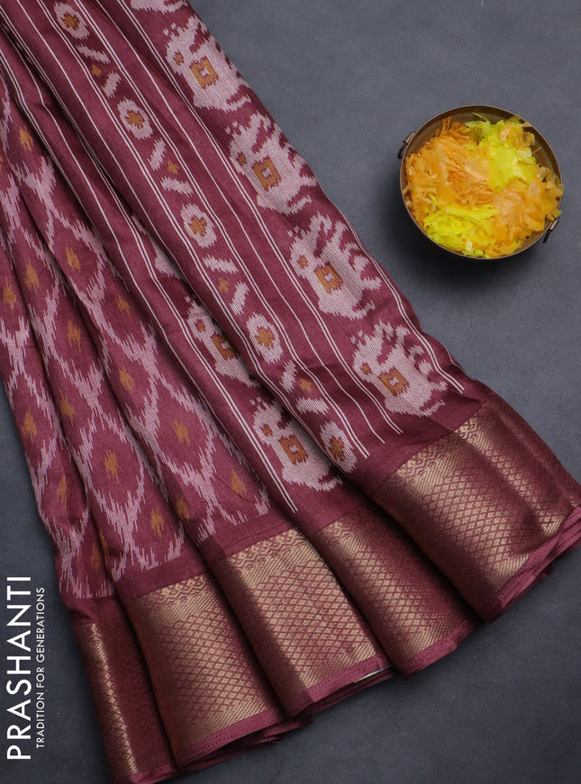 Semi dola saree maroon with allover ikat prints and zari woven border