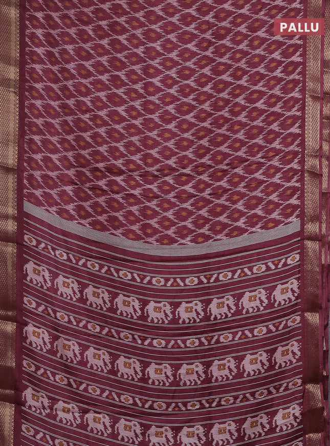 Semi dola saree maroon with allover ikat prints and zari woven border