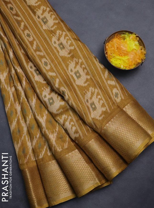 Semi dola saree mustard yellow with allover ikat prints and zari woven border