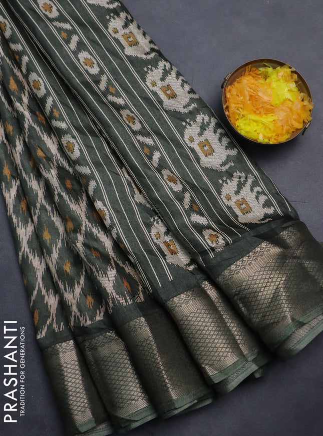 Semi dola saree greyish green with allover ikat prints and zari woven border