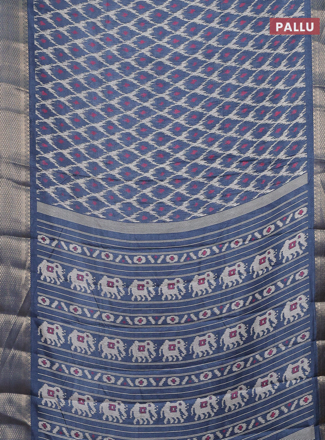 Semi dola saree bluish grey with allover ikat prints and zari woven border