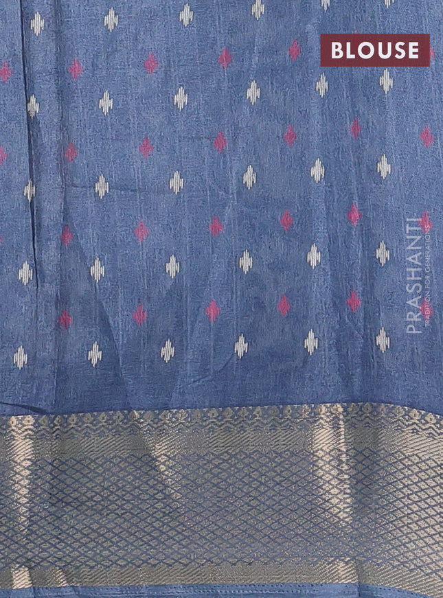 Semi dola saree bluish grey with allover ikat prints and zari woven border