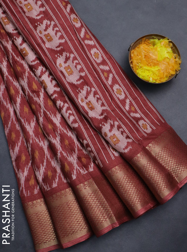 Semi dola saree maroon shade with allover ikat prints and zari woven border
