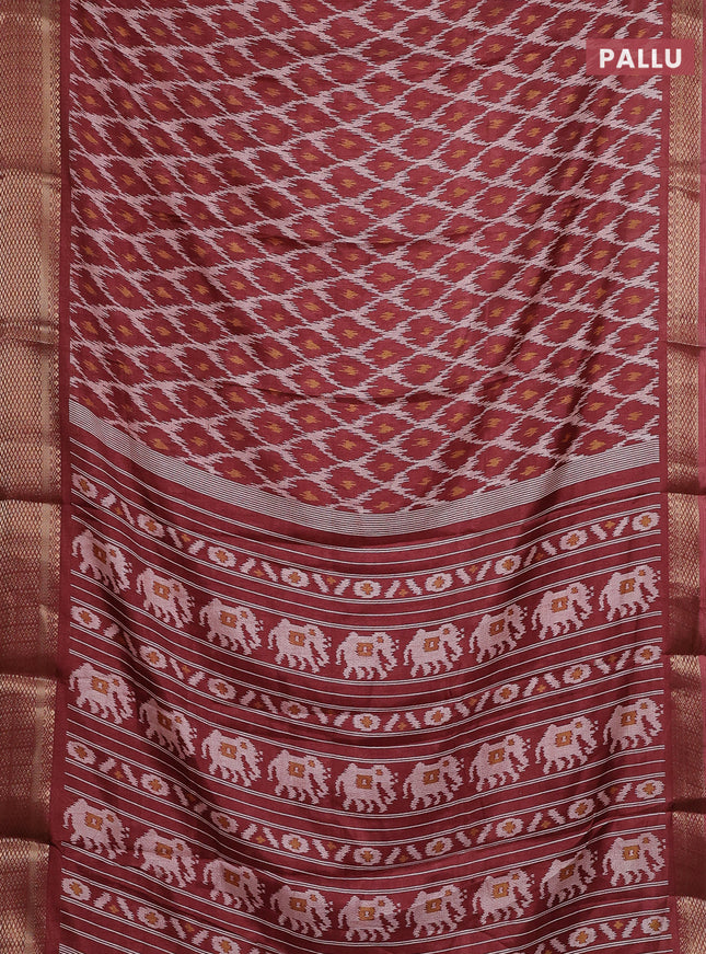 Semi dola saree maroon shade with allover ikat prints and zari woven border
