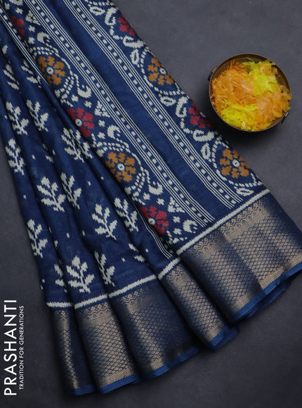 Semi dola saree peacock blue with allover ikat butta prints and zari woven border