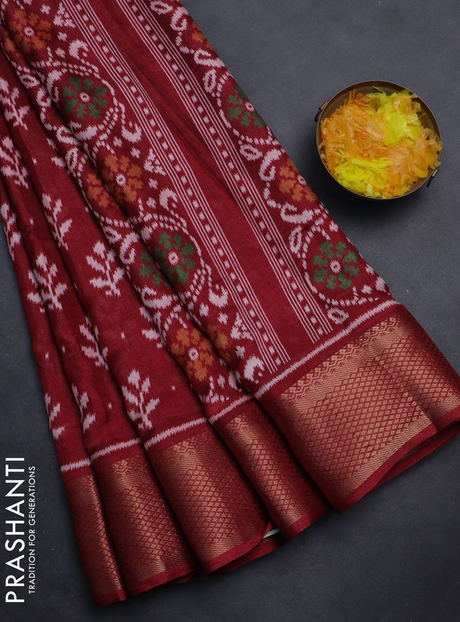 Semi dola saree maroon with allover ikat butta prints and zari woven border
