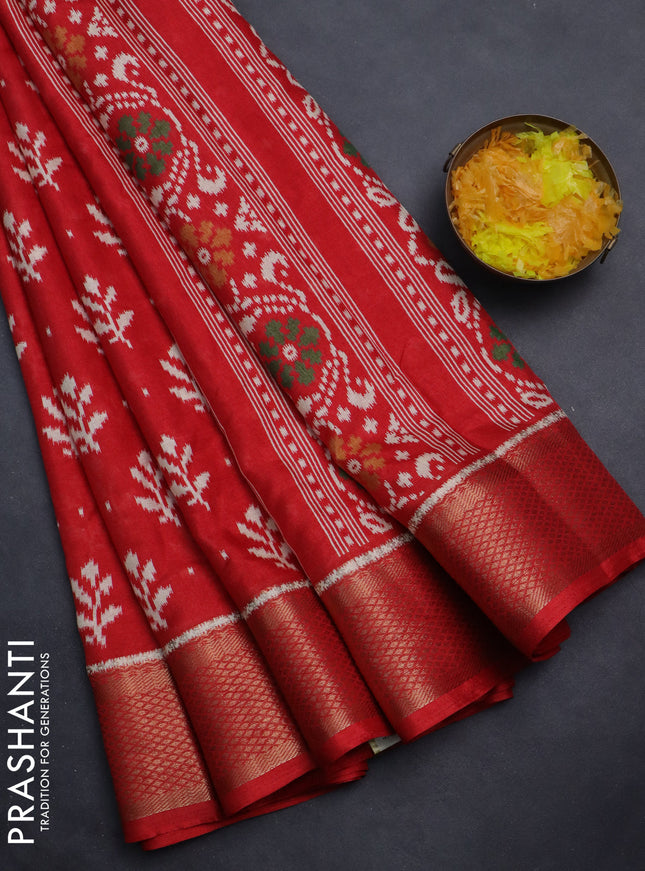 Semi dola saree red with allover ikat butta prints and zari woven border