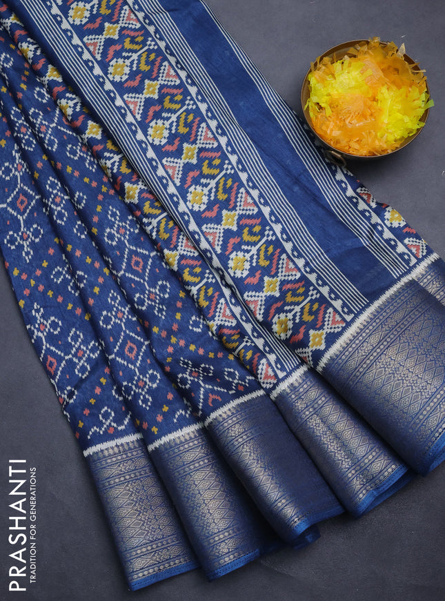 Semi dola saree peacock blue with allover ikat prints and zari woven border