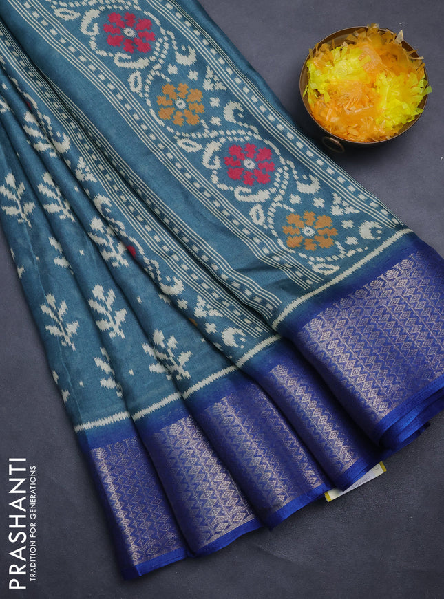Semi dola saree teal blue and blue with allover ikat butta prints and zari woven border