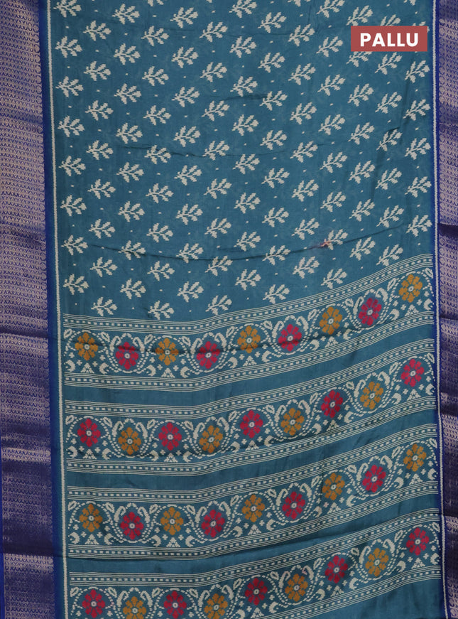 Semi dola saree teal blue and blue with allover ikat butta prints and zari woven border