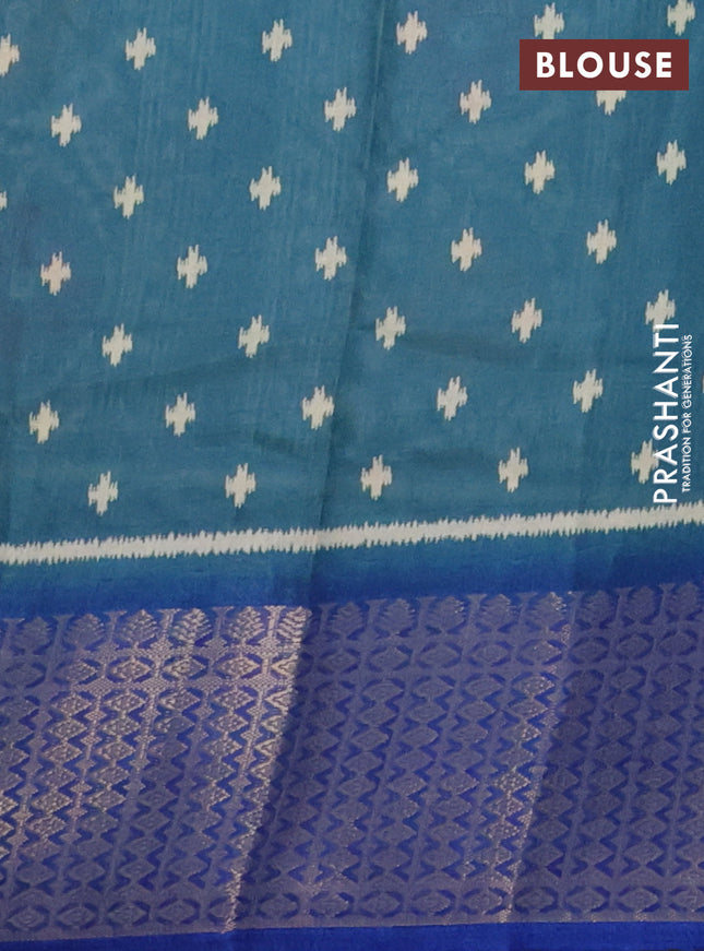 Semi dola saree teal blue and blue with allover ikat butta prints and zari woven border