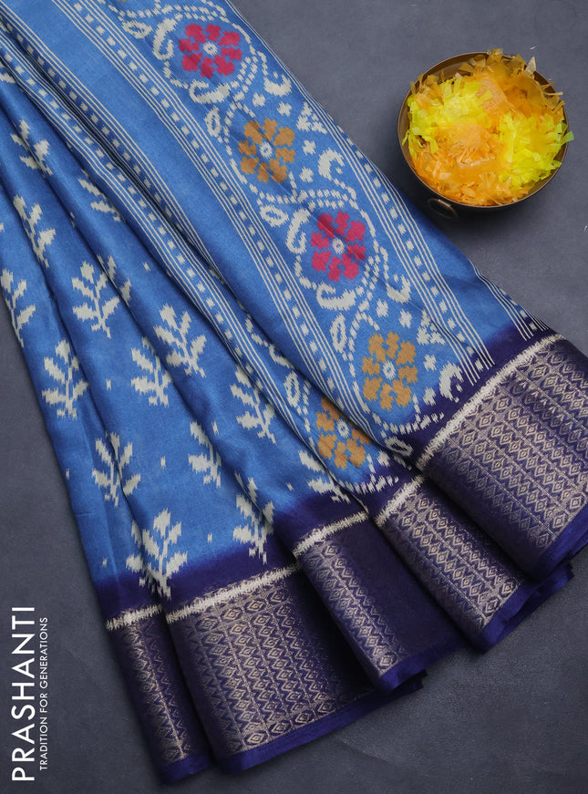 Semi dola saree pastel blue and dark blue with allover ikat butta prints and zari woven border
