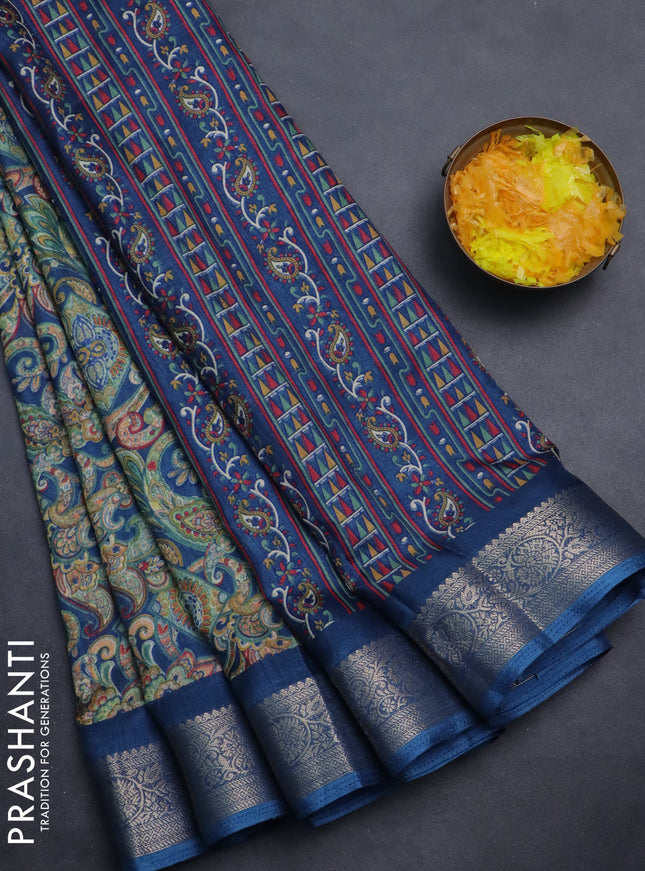 Semi dola saree peacock blue with allover kalamkari prints and zari woven border