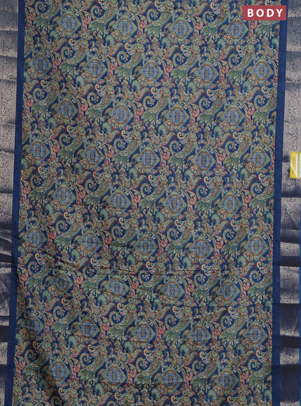 Semi dola saree peacock blue with allover kalamkari prints and zari woven border
