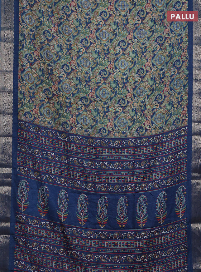Semi dola saree peacock blue with allover kalamkari prints and zari woven border
