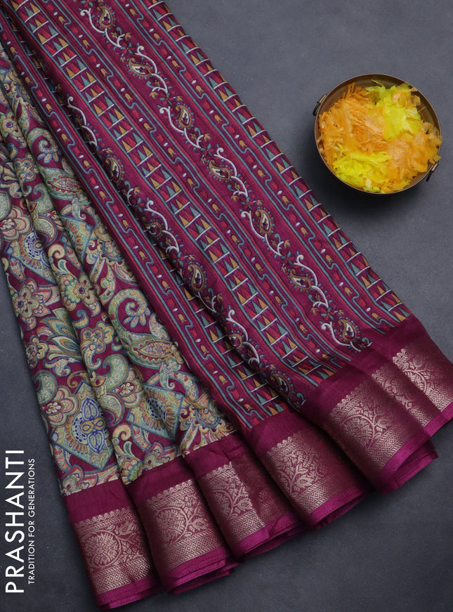 Semi dola saree purple with allover kalamkari prints and zari woven border