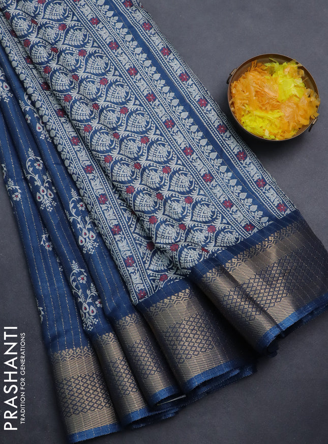 Semi dola saree peacock blue with allover zari weaves & butta prints and zari woven border