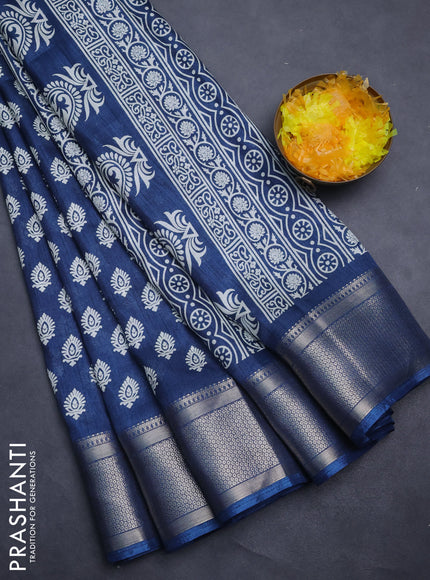 Semi dola saree dark peacock blue with allover butta prints and zari woven border