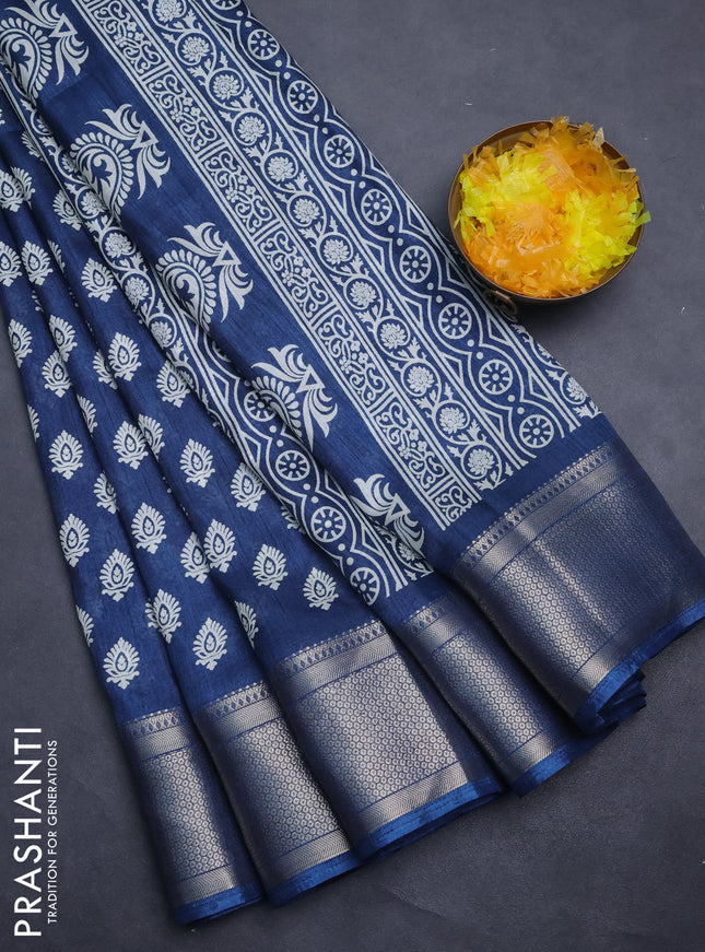 Semi dola saree dark peacock blue with allover butta prints and zari woven border