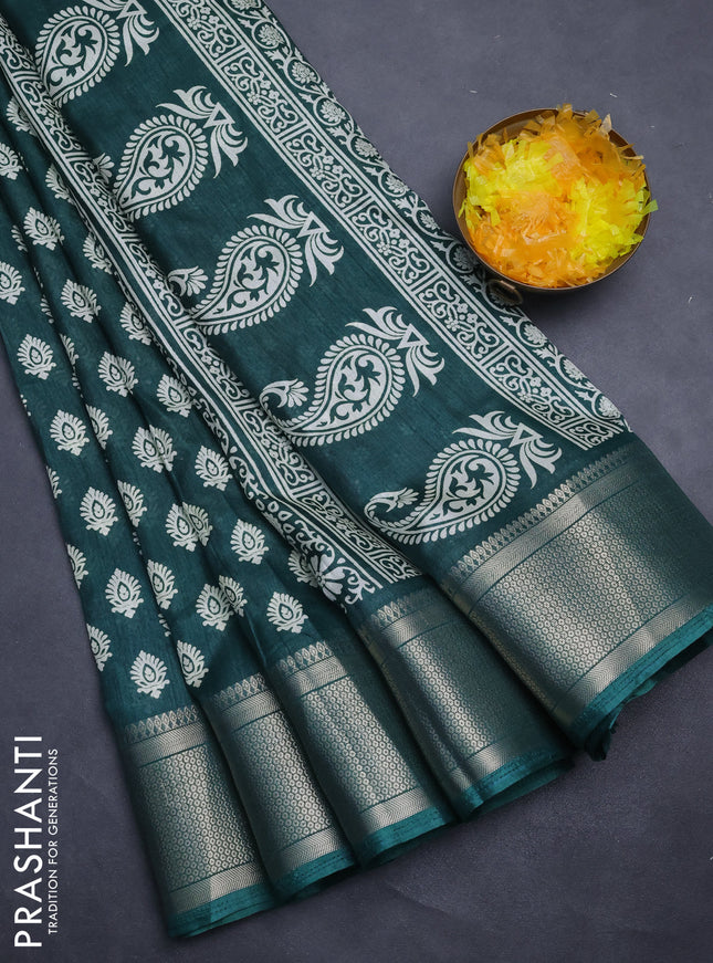 Semi dola saree dark green with allover butta prints and zari woven border