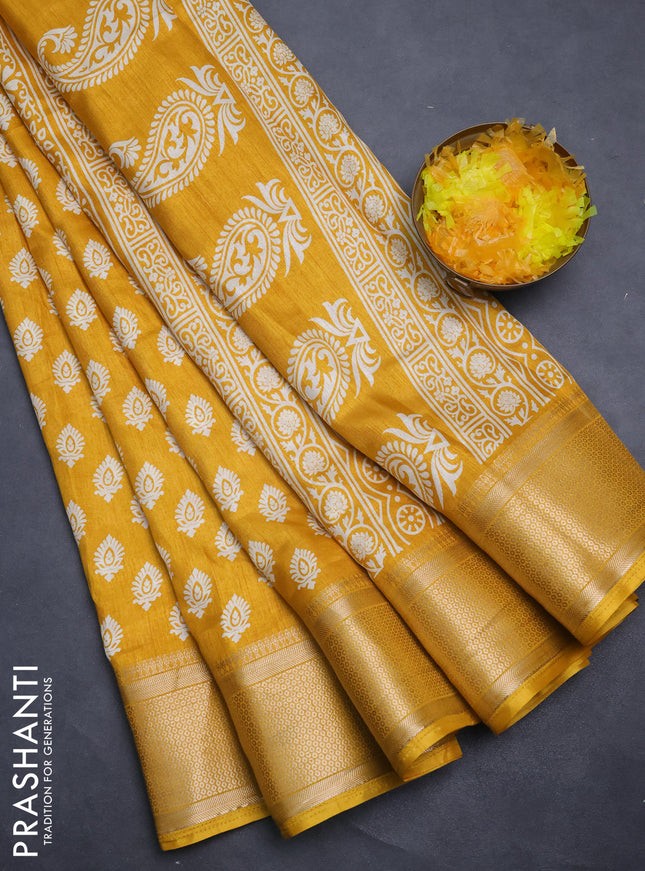 Semi dola saree mustard yellow with allover butta prints and zari woven border
