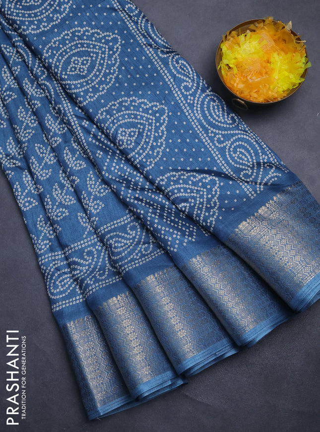 Semi dola saree peacock blue with allover bandhani prints and zari woven border