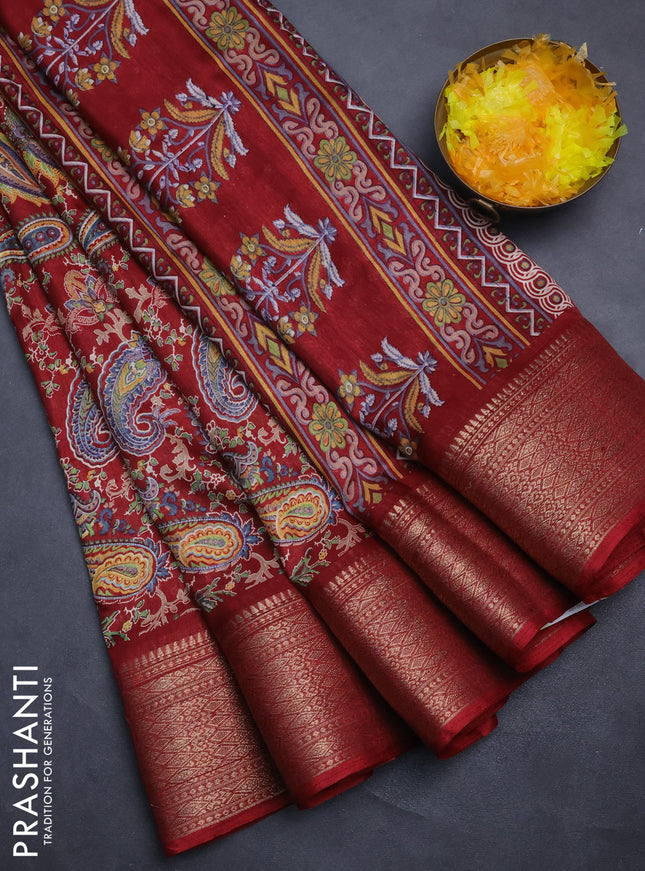 Semi dola saree maroon with allover prints and zari woven border