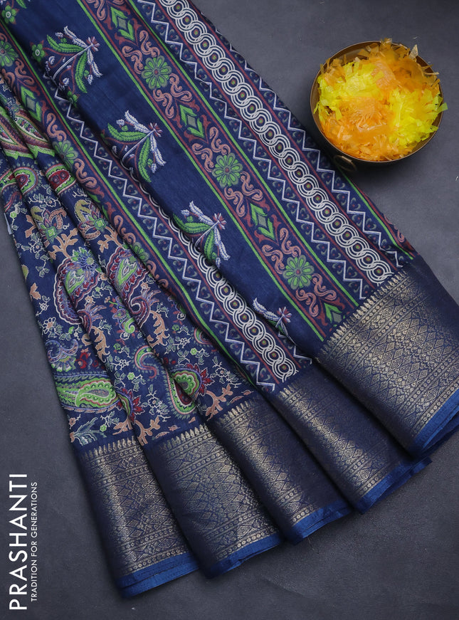 Semi dola saree peacock blue with allover prints and zari woven border
