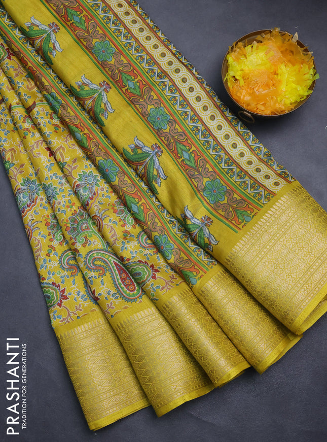 Semi dola saree yellow with allover prints and zari woven border