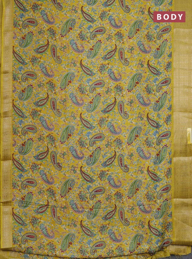 Semi dola saree yellow with allover prints and zari woven border
