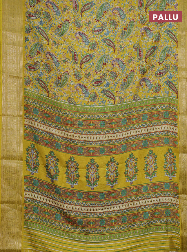 Semi dola saree yellow with allover prints and zari woven border