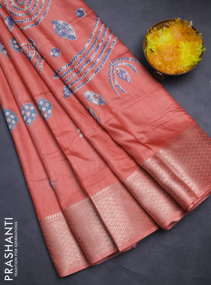 Semi dola saree peach orange with butta prints and zari woven border