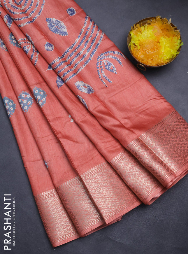 Semi dola saree peach orange with butta prints and zari woven border