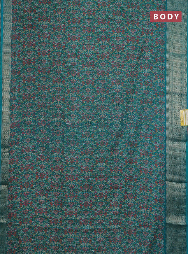 Semi dola saree teal green with allover prints and zari woven border