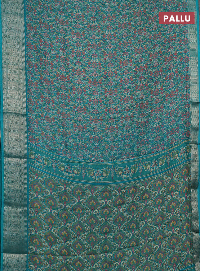 Semi dola saree teal green with allover prints and zari woven border