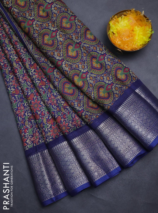 Semi dola saree blue with allover prints and zari woven border