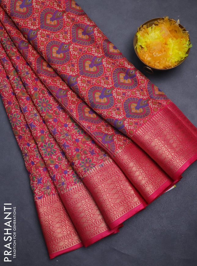 Semi dola saree pink with allover prints and zari woven border