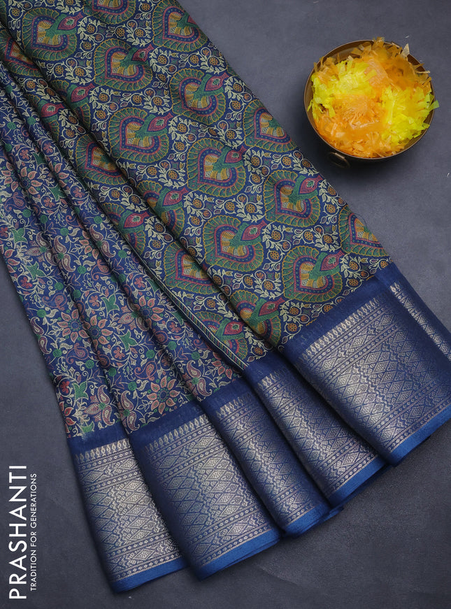 Semi dola saree peacock blue with allover prints and zari woven border