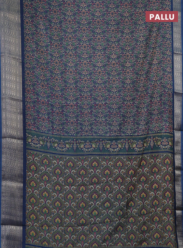 Semi dola saree peacock blue with allover prints and zari woven border