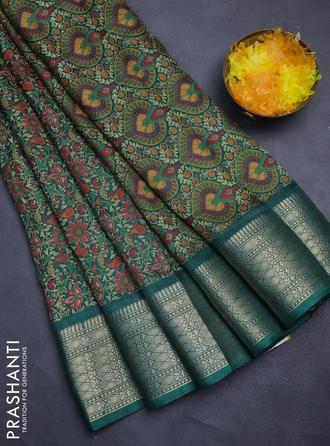 Semi dola saree green with allover prints and zari woven border