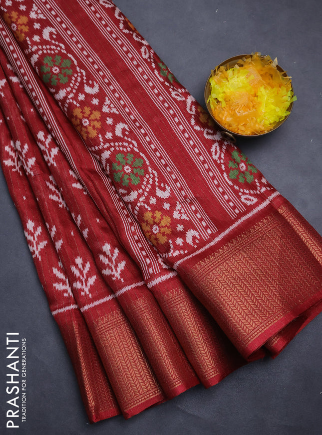 Semi dola saree maroon with allover ikat butta prints & zari weaves and zari woven border